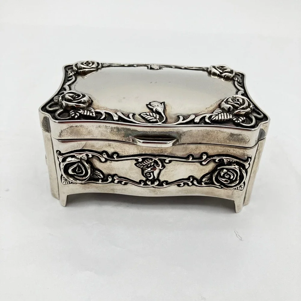 Jewelry Box Vintage Style Silver Tone Rose Floral Relief Footed Small